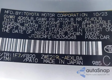 2024 Toyota Corolla Hybrid Le из США, поврежденный, VIN JTDBCMFE1R3034048